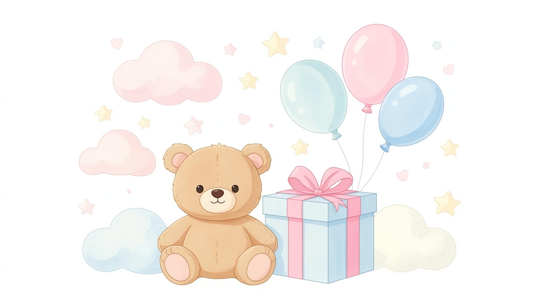 Cute teddy bear with a pastel baby gift box, balloons and clouds